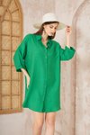 Yeşil Salaş Mini Keten Yarım Katlanır Kollu Elbise
