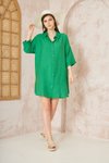 Yeşil Salaş Mini Keten Yarım Katlanır Kollu Elbise