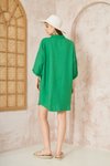 Yeşil Salaş Mini Keten Yarım Katlanır Kollu Elbise