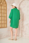 Yeşil Salaş Mini Keten Yarım Katlanır Kollu Elbise
