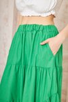 Yeşil Uzun Asimetrik Kesim Salaş Spor Kloş Cepli Fırfırlı Beli Lastikli Kat Etek