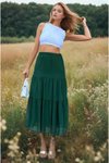 Yeşil Uzun Şifon İki Katlı Beli Lastikli Etek