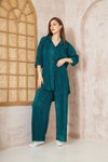 Zümrüt Pliseli Bürümcük Salaş Beli Lastikli Pantolon Tunik Takım