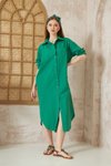 Zümrüt Yeşil Uzun Kollu Oversize Poplin Cepli Midi Gömlek Elbise