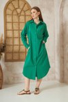 Zümrüt Yeşil Uzun Kollu Oversize Poplin Cepli Midi Gömlek Elbise