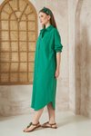 Zümrüt Yeşil Uzun Kollu Oversize Poplin Cepli Midi Gömlek Elbise