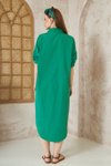 Zümrüt Yeşil Uzun Kollu Oversize Poplin Cepli Midi Gömlek Elbise