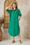 Zümrüt Yeşil Uzun Kollu Oversize Poplin Cepli Midi Gömlek Elbise
