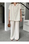 Beyaz Keten Kısa Kollu Cepli Gömlek Pantolon İkili Takım