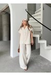 Beyaz Keten Kısa Kollu Cepli Gömlek Pantolon İkili Takım