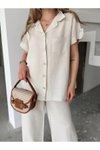 Beyaz Keten Kısa Kollu Cepli Gömlek Pantolon İkili Takım