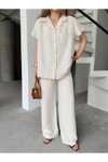 Beyaz Keten Kısa Kollu Cepli Gömlek Pantolon İkili Takım