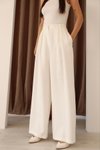 Beyaz Yüksek Bel Bol Paça Palazzo Pilili Pantolon