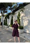 Bordo İkili Yakalı Gömlek Kemerli Şortlu Takım