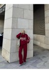 Bordo Üç İplik Yakalı Sweat Baggy Pantolonlu Eşofman Takımı