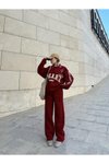 Bordo Üç İplik Yakalı Sweat Baggy Pantolonlu Eşofman Takımı