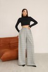 Gri Ekoseli Yüksek Bel Geniş Paça Palazzo Poliviskon Kumaş Pantolon