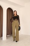 Haki Yüksek Bel Palazzo Bol Paça Pilili Pantolon