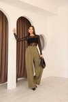 Haki Yüksek Bel Palazzo Bol Paça Pilili Pantolon