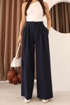 Lacivert Palazzo Bol Paça Yüksek Bel Pilili Pantolon