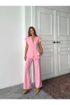 Pembe Alt Üst İkili Düğmeli Yelekli Pantolonlu Takım
