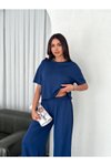 Saks Mavi Bol Paça Osy Modal Yumuşak Dokulu Bisiklet Yaka T-shirt Pantolon İkili Takım