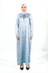 Mavi Kareli Desenli Saten İpli Yakalı Tesettür Elbise