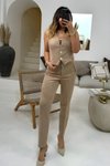 Bej Yelekli İkili Güderi Aksesuarlı Düğmeli Takım