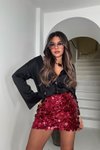 Bordo Mini Payet Astarlı Şort Etek