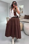 Kahve Uzun Kloş Beli Lastikli Etek