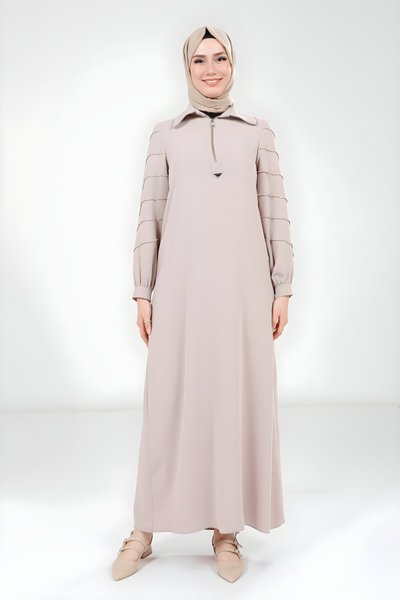 Bej Fermuarlı Tesettür Elbise