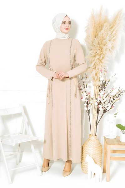 Bej Kum Krep Aydan Taş Şeritli Tesettür Elbise