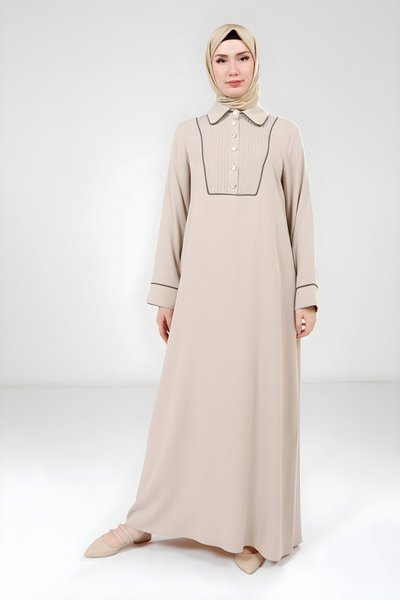 Bej Nervür Detaylı Tesettür Elbise
