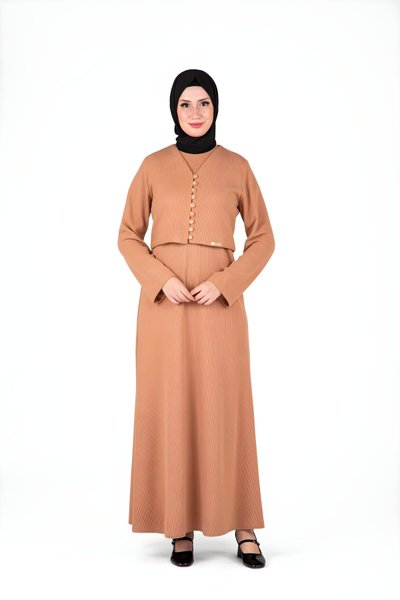 Bej Örme Tesettür Ceketli İkili Takım
