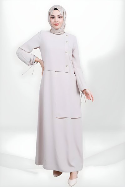 Bej Tesettür Düğme Detaylı Kolu Bağlamalı Elbise