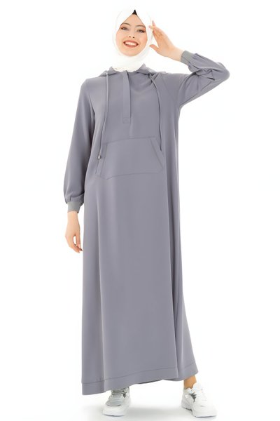 Gri Spor Sweet Kapüşonlu Tesettür Elbise