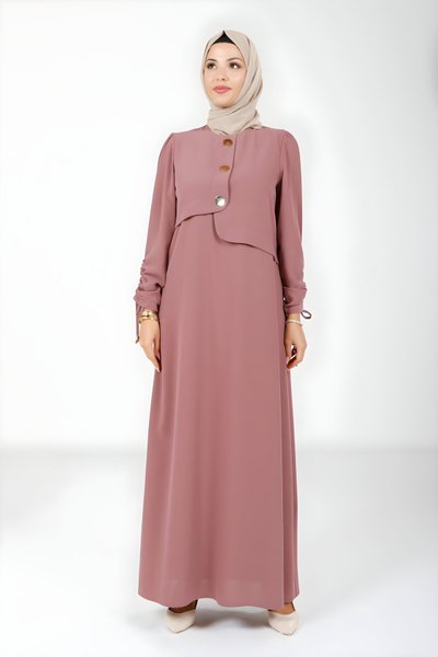 Gül Kurusu Tesettür Düğme Detaylı Kolu Büzgülü Elbise
