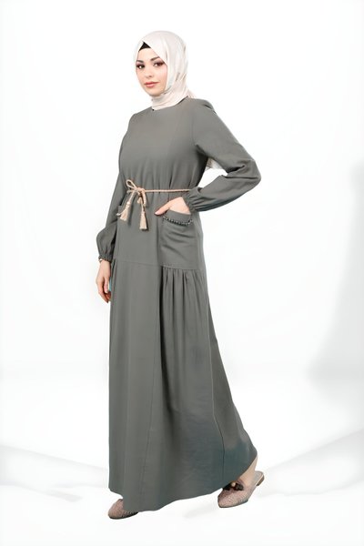 Haki Bisiklet Yaka Cebi Taşlı Seyyar İp Kemerli Tesettür Elbise