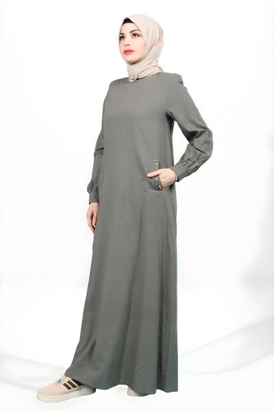 Haki Keten Bisiklet Yaka Cebi Boncuk Detaylı Tesettür Elbise