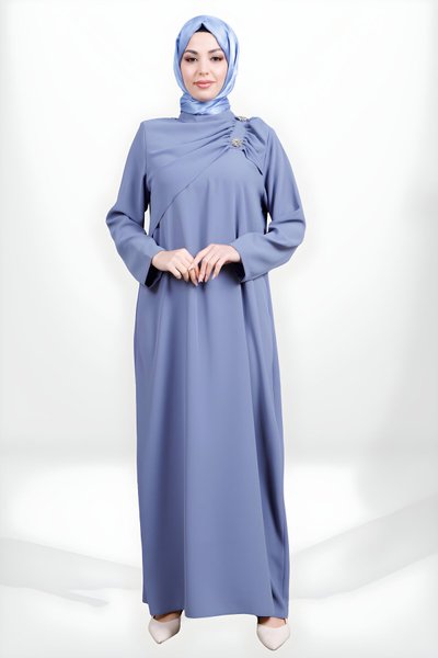 İndigo Fırfırlı Broş Detaylı Tesettür Elbise