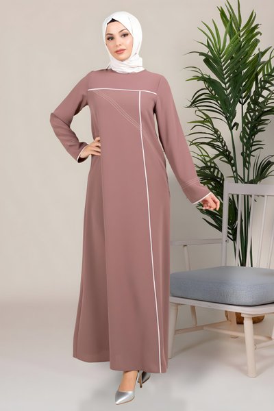 Kahve Kum Spor Krep Seden Biyeli Tesettür Elbise