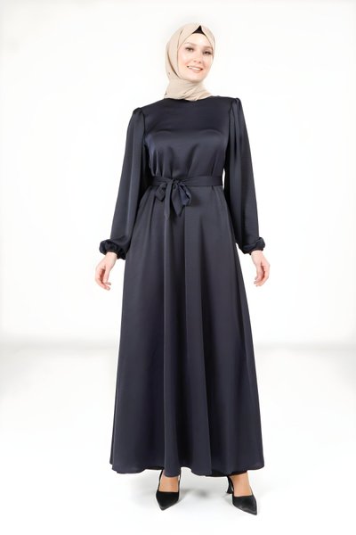 Lacivert Hare Balon Kol Tesettür Elbise
