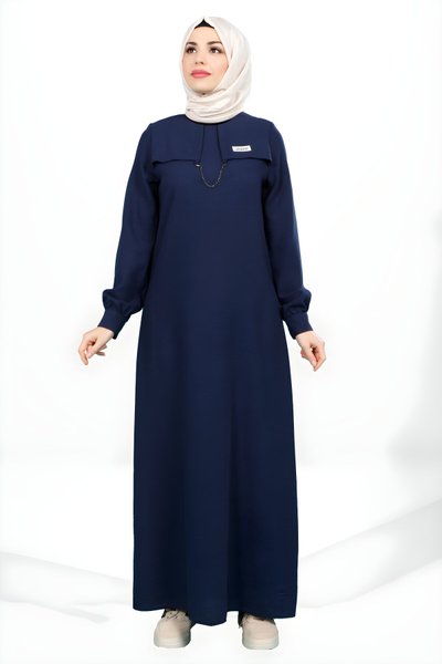 Lacivert Manşet Kol Zincir Detaylı Tesettür Elbise