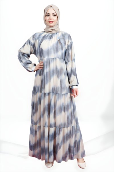 Mavi Katlı Tül Tesettür Elbise