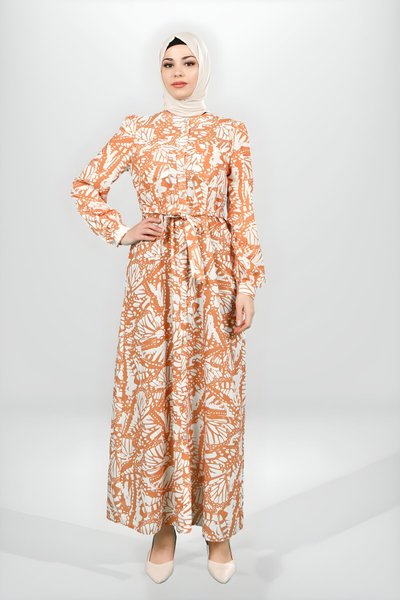 Oranj Desenli Gömlek Kuşaklı Tesettür Elbise