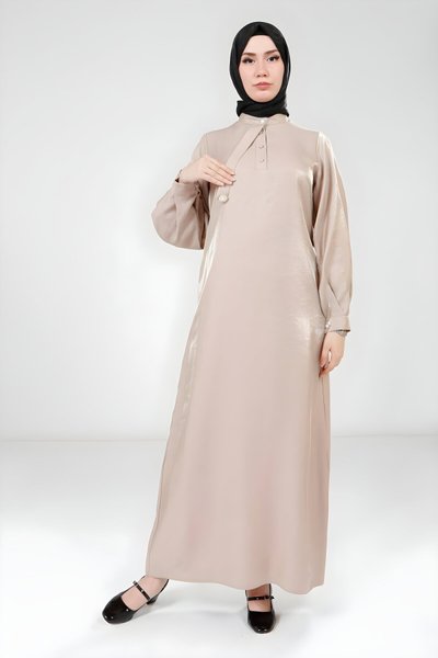 Parlak Kumaş Taş Broşlu Tesettür Abiye Elbise