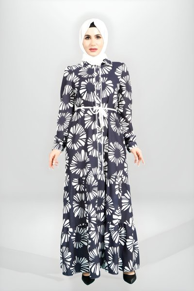 Saks Mavi Desenli Tesettür Önü Düğmeli Fırfırlı Elbise