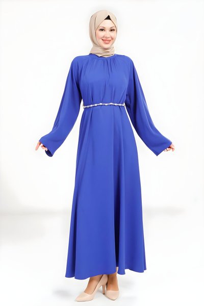 Saks Mavi Taş Kemer Detaylı Tesettür Elbise