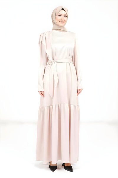 Saten Taş Omuz Detaylı Kuşaklı Tesettür Elbise