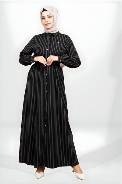 Siyah Çizgili Kışlık Kuşaklı Tesettür Elbise